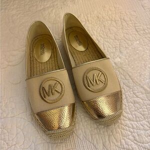 Michael Kors Gold Metallic Toe Beige Canvas Slip-On Flats